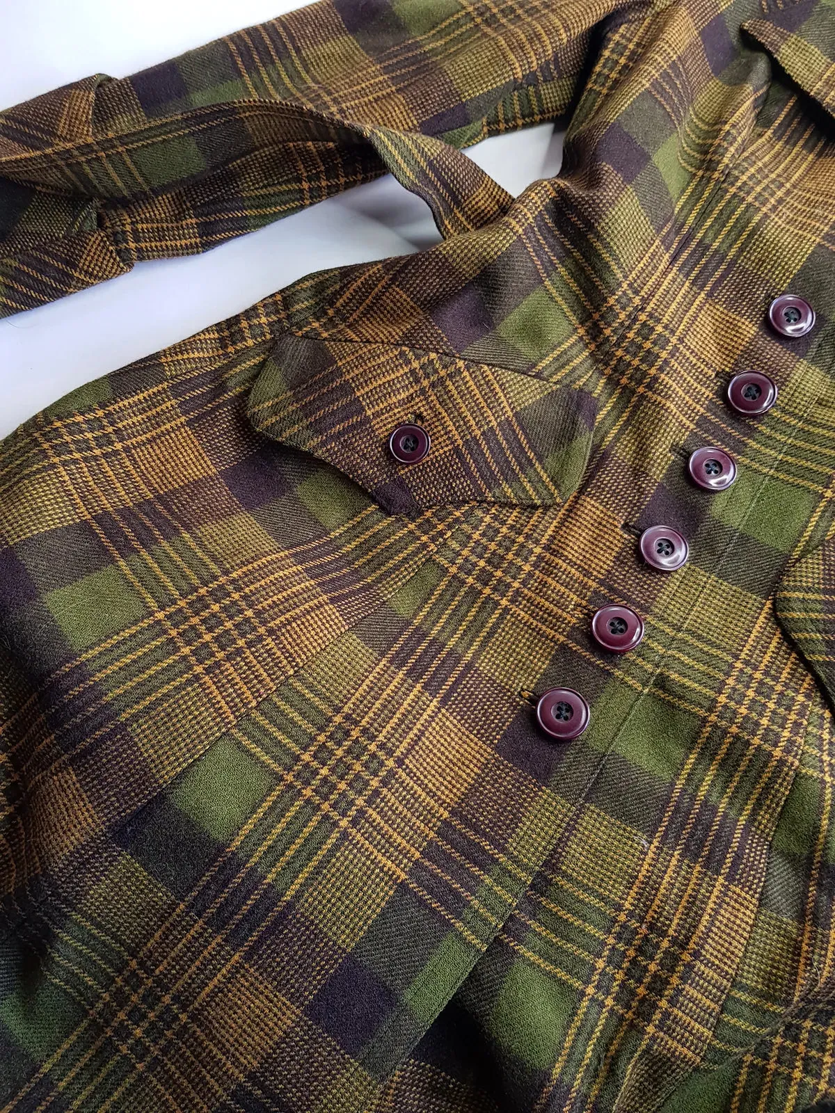 1970s Couture Tailoring Plaid Wool Coat - Absolute Perfection - Very Vivienne Westwood Style- Olive Green Mustard Tones - Stiff Collar & Beautifully Cut Pockets