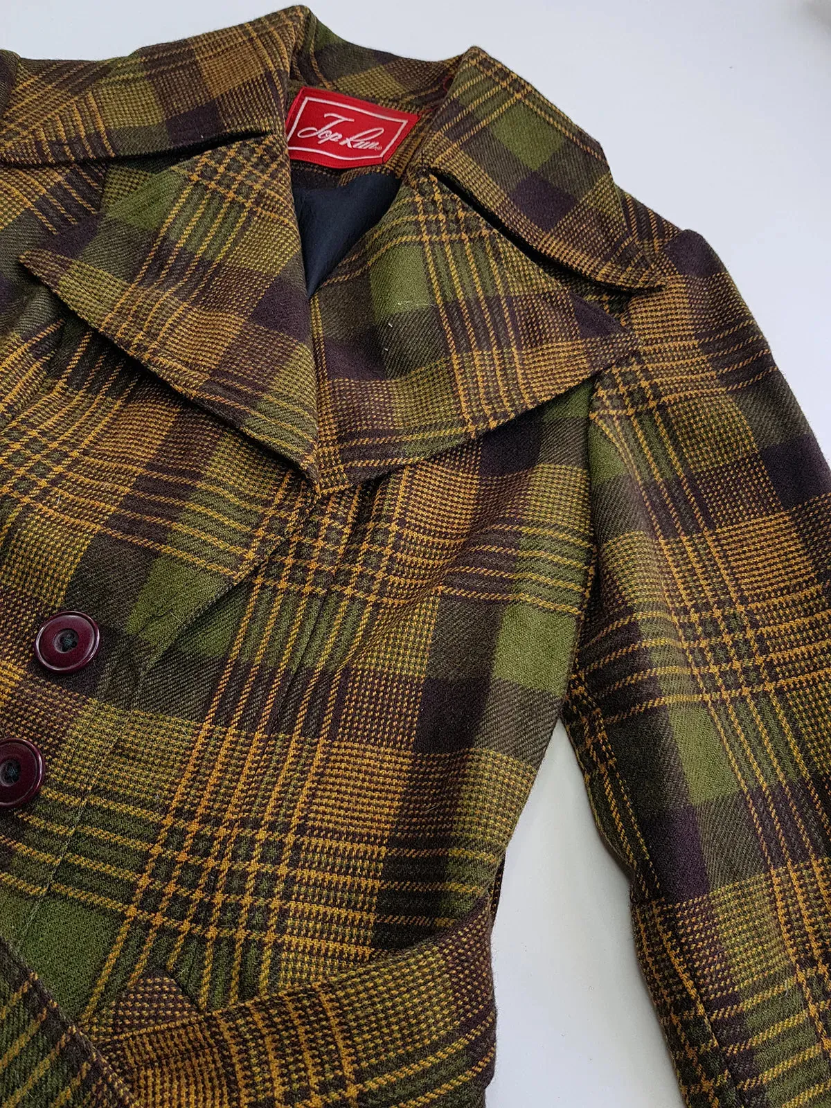 1970s Couture Tailoring Plaid Wool Coat - Absolute Perfection - Very Vivienne Westwood Style- Olive Green Mustard Tones - Stiff Collar & Beautifully Cut Pockets