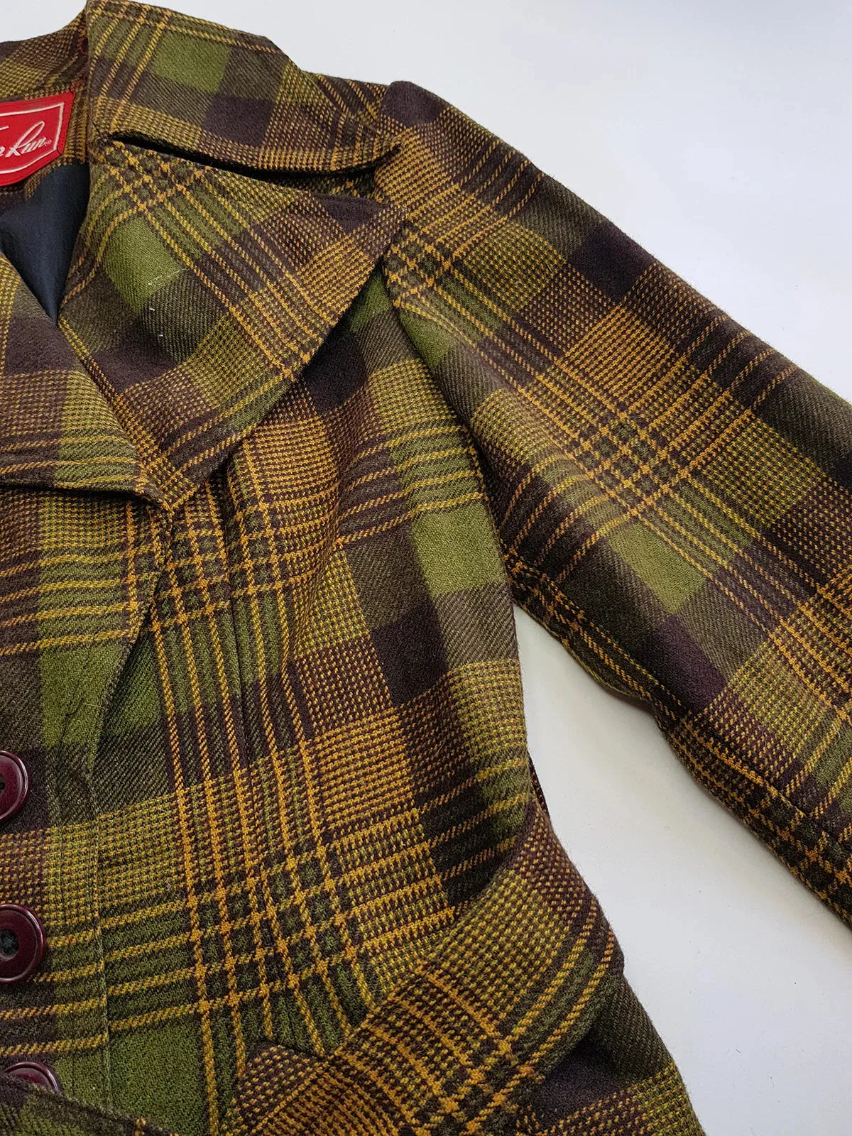 1970s Couture Tailoring Plaid Wool Coat - Absolute Perfection - Very Vivienne Westwood Style- Olive Green Mustard Tones - Stiff Collar & Beautifully Cut Pockets