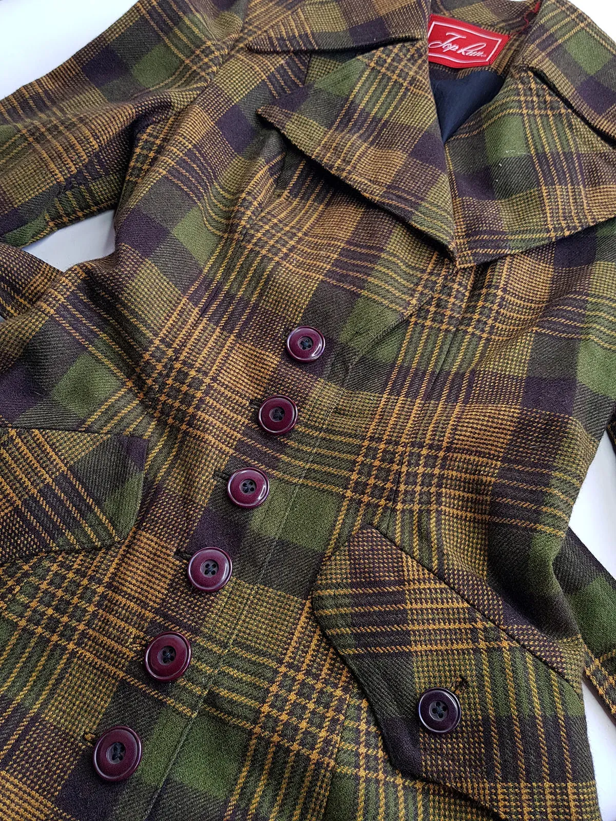1970s Couture Tailoring Plaid Wool Coat - Absolute Perfection - Very Vivienne Westwood Style- Olive Green Mustard Tones - Stiff Collar & Beautifully Cut Pockets