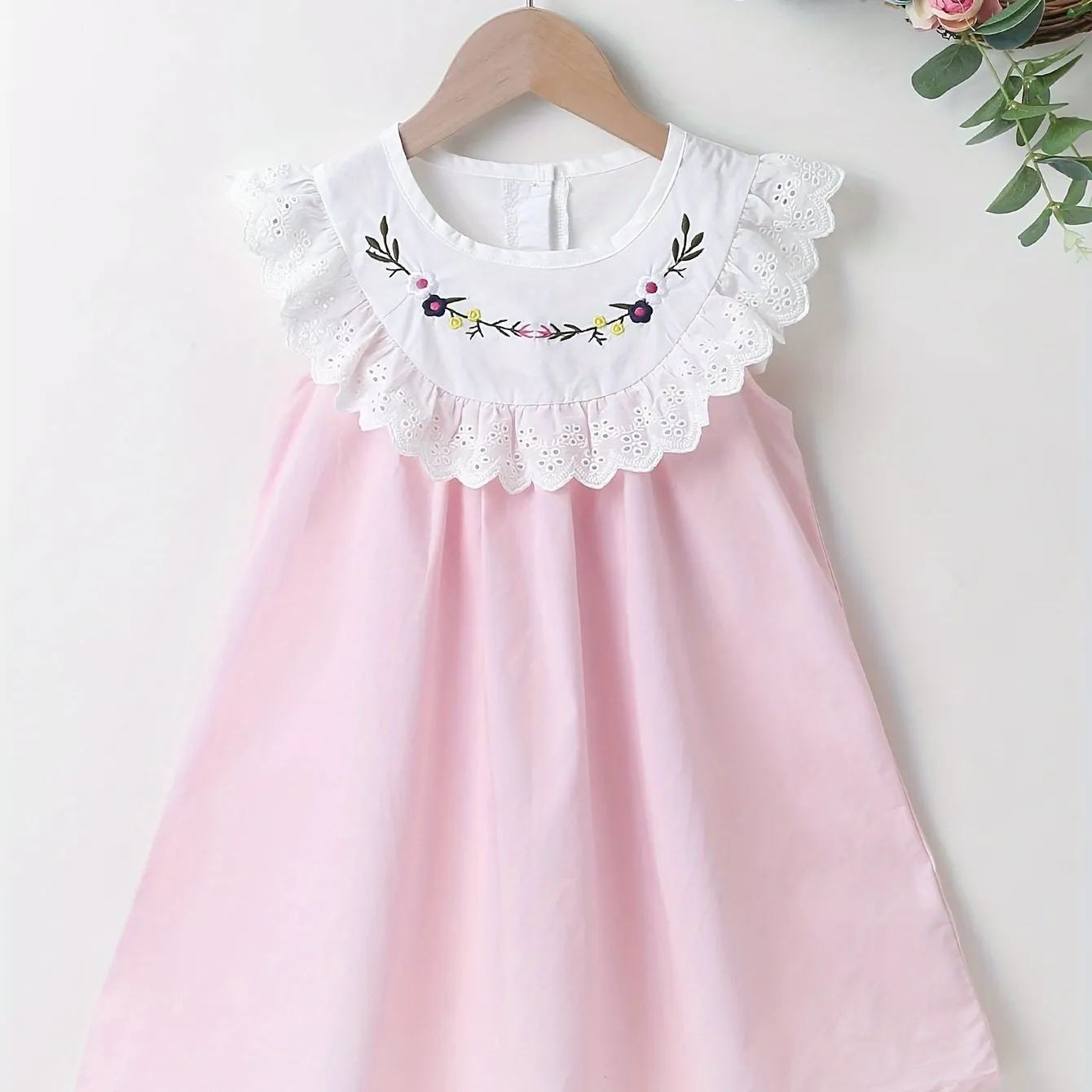 Adorable Girls Lace Dress with Delicate Collar - Charming Floral Embroidery, Soft Cotton, Comfort Fit, Sleeveless Design - Perfect for Little Fashionistas