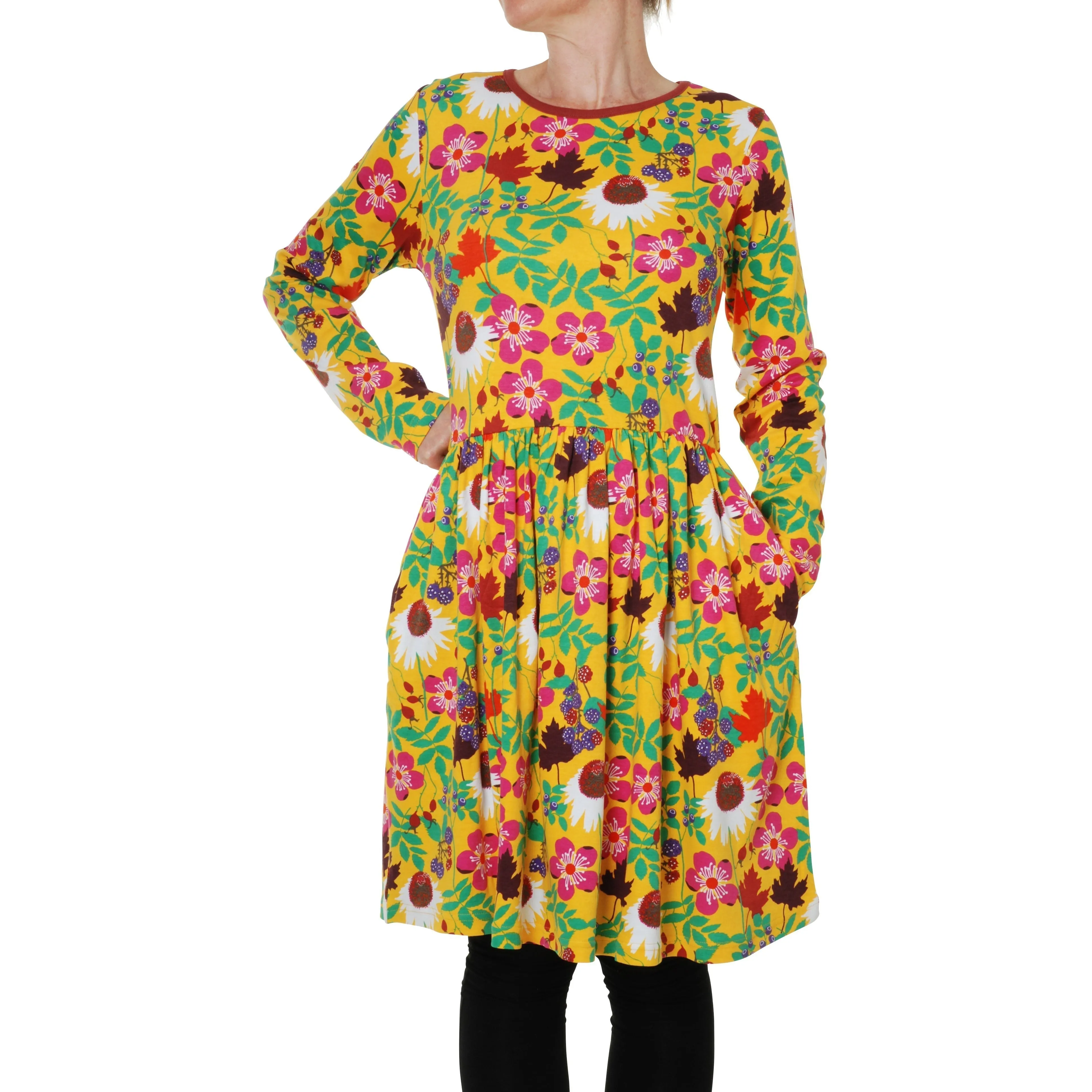Adult's Autumn Flowers - Yellow Long Sleeve Dress With Gathered Skirt - 2 Left Size 3XL & 4XL