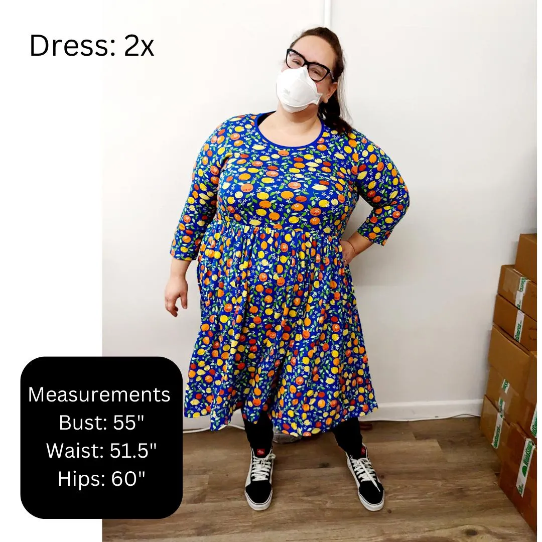 Adult's Autumn Flowers - Yellow Long Sleeve Dress With Gathered Skirt - 2 Left Size 3XL & 4XL