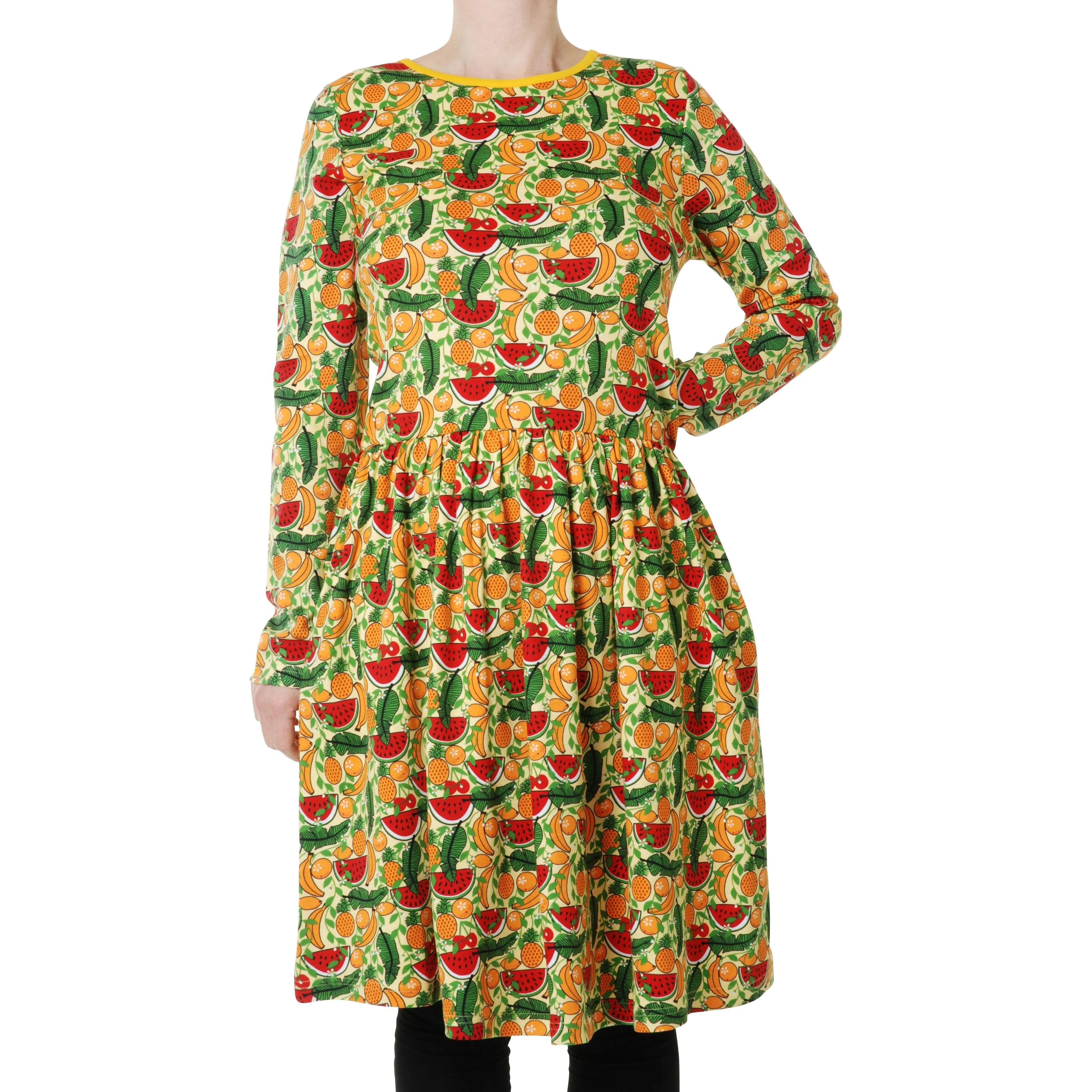 Adult's Tropical Long Sleeve Dress With Gathered Skirt