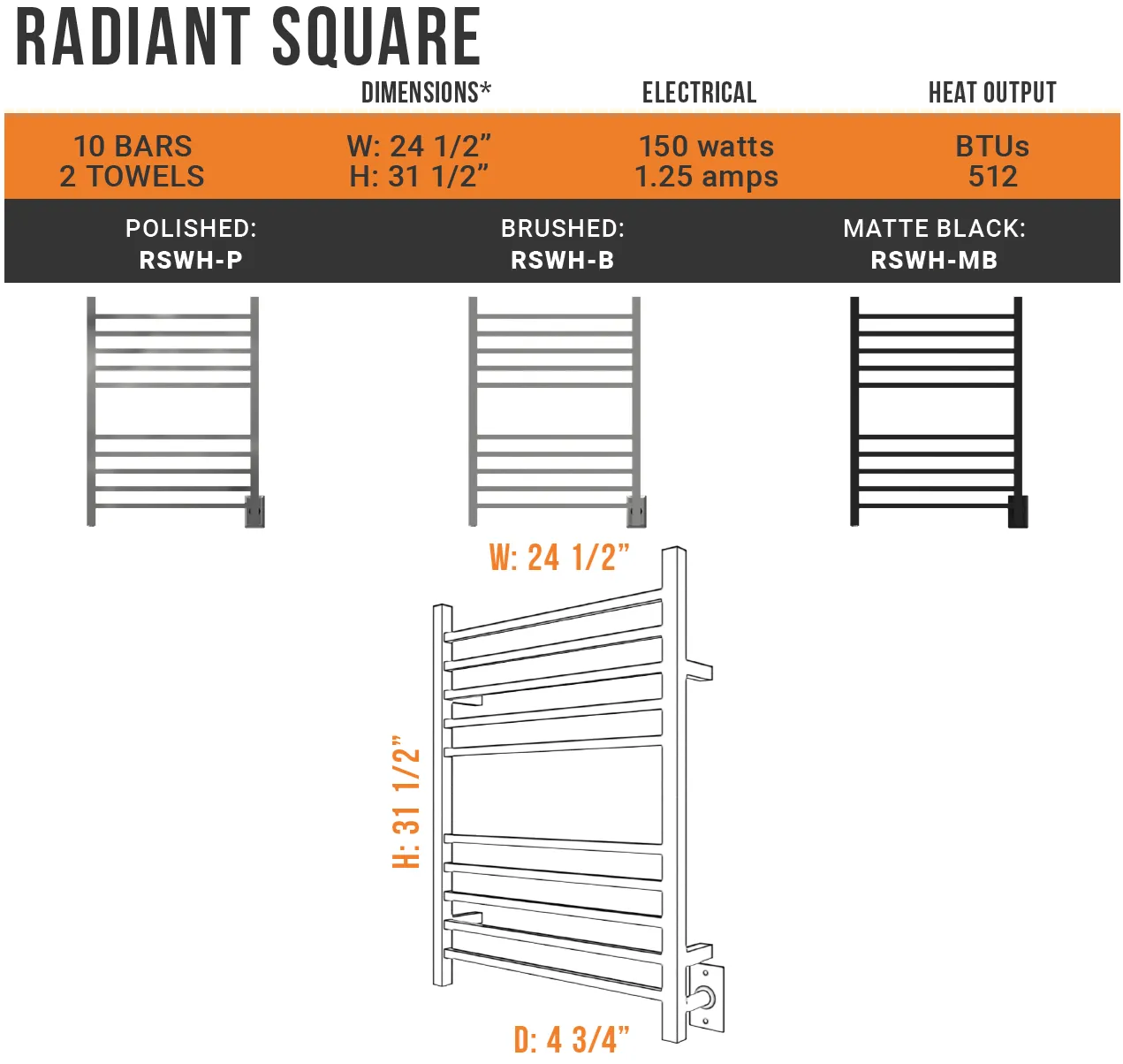 Amba - Radiant Collection - Model Radiant Square Towel Warmer
