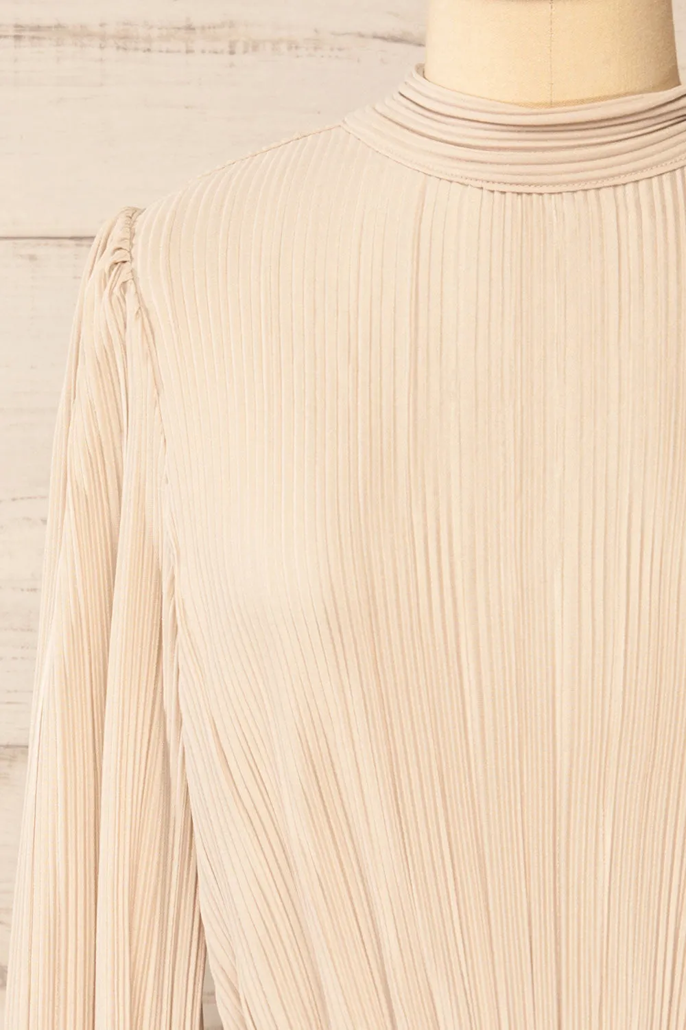 Atyrau Beige | Short Pleated Dress w/ Long Sleeves