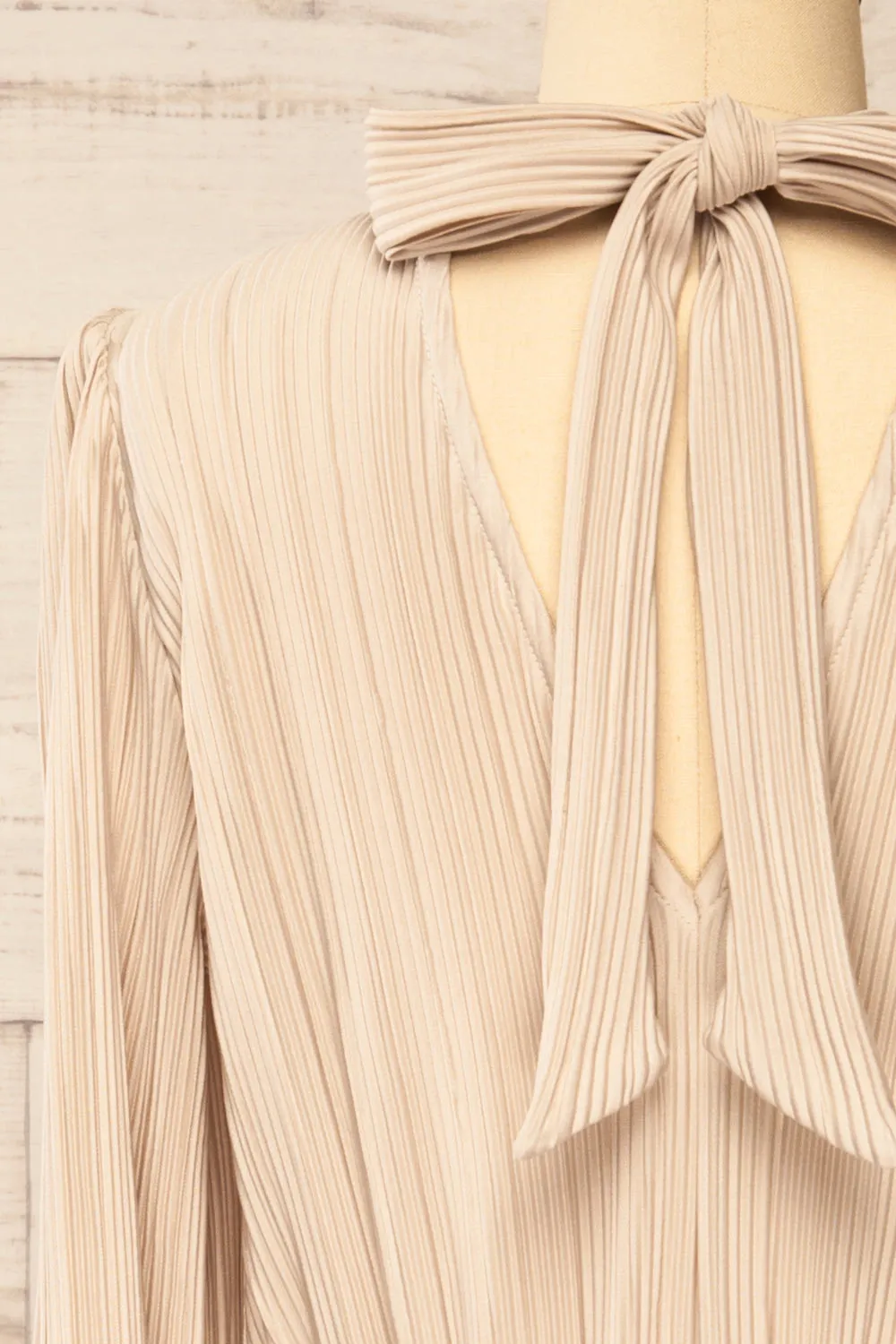 Atyrau Beige | Short Pleated Dress w/ Long Sleeves