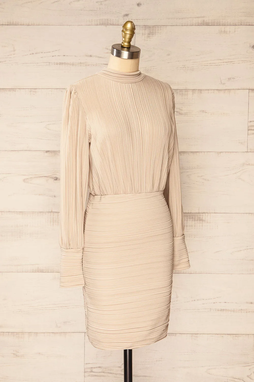 Atyrau Beige | Short Pleated Dress w/ Long Sleeves