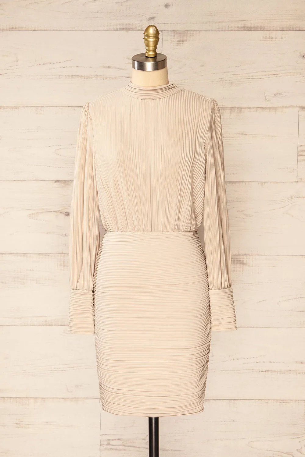 Atyrau Beige | Short Pleated Dress w/ Long Sleeves