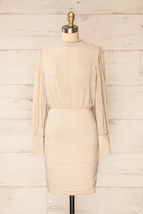Atyrau Beige | Short Pleated Dress w/ Long Sleeves