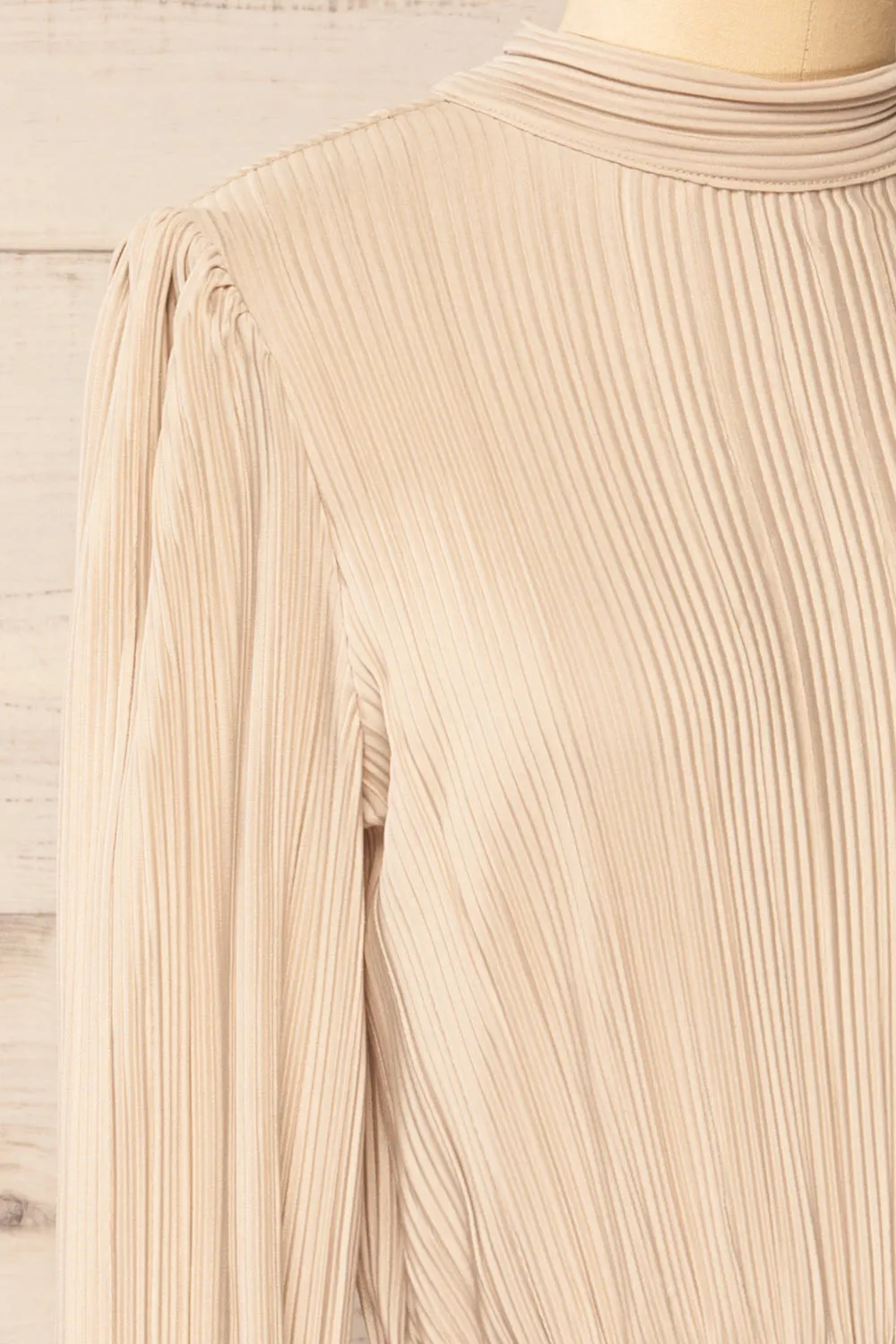 Atyrau Beige | Short Pleated Dress w/ Long Sleeves
