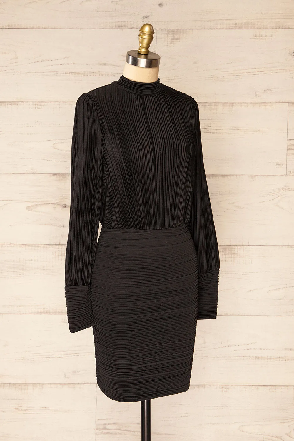 Atyrau Black | Short Pleated Dress w/ Long Sleeves