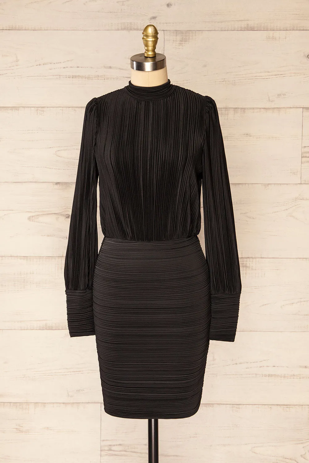 Atyrau Black | Short Pleated Dress w/ Long Sleeves