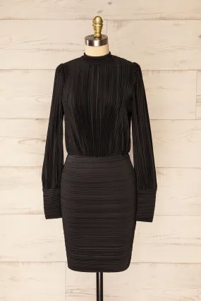 Atyrau Black | Short Pleated Dress w/ Long Sleeves