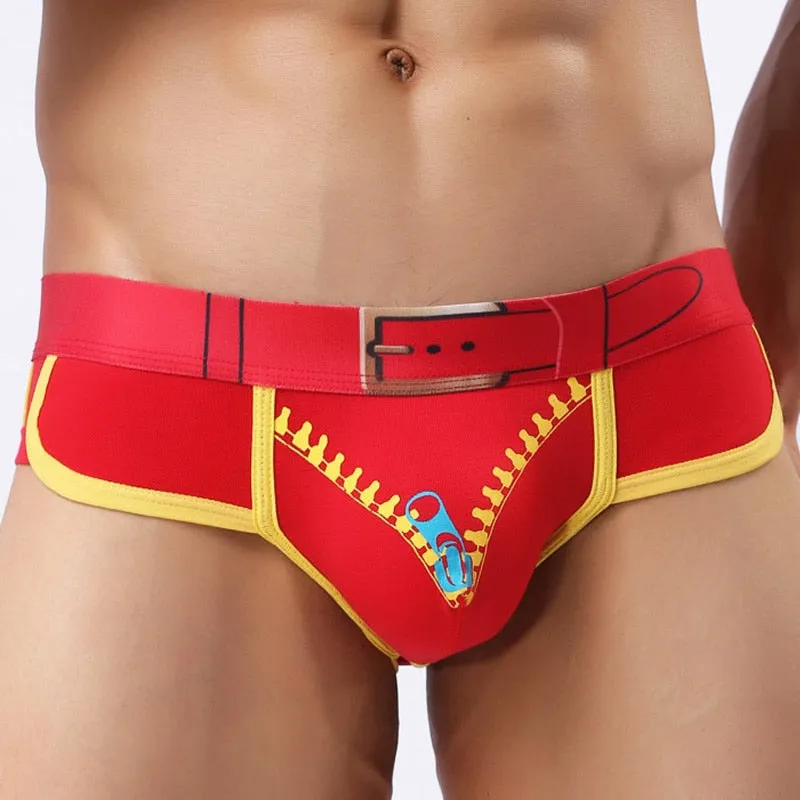 Belt and Open Front-Zipper Print Style Man Briefs