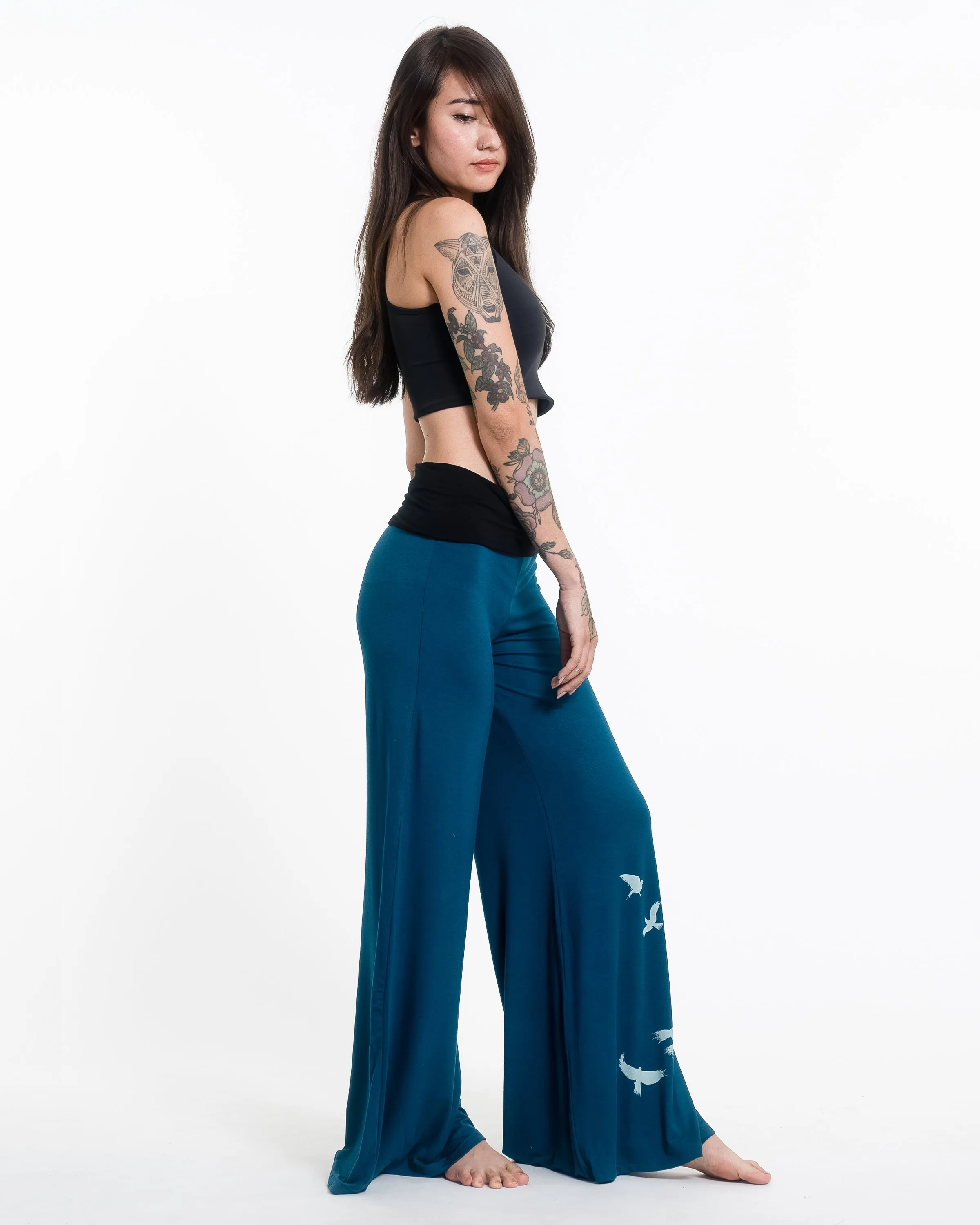 Birds Spandex Wide Leg Palazzo Pants in Turquoise