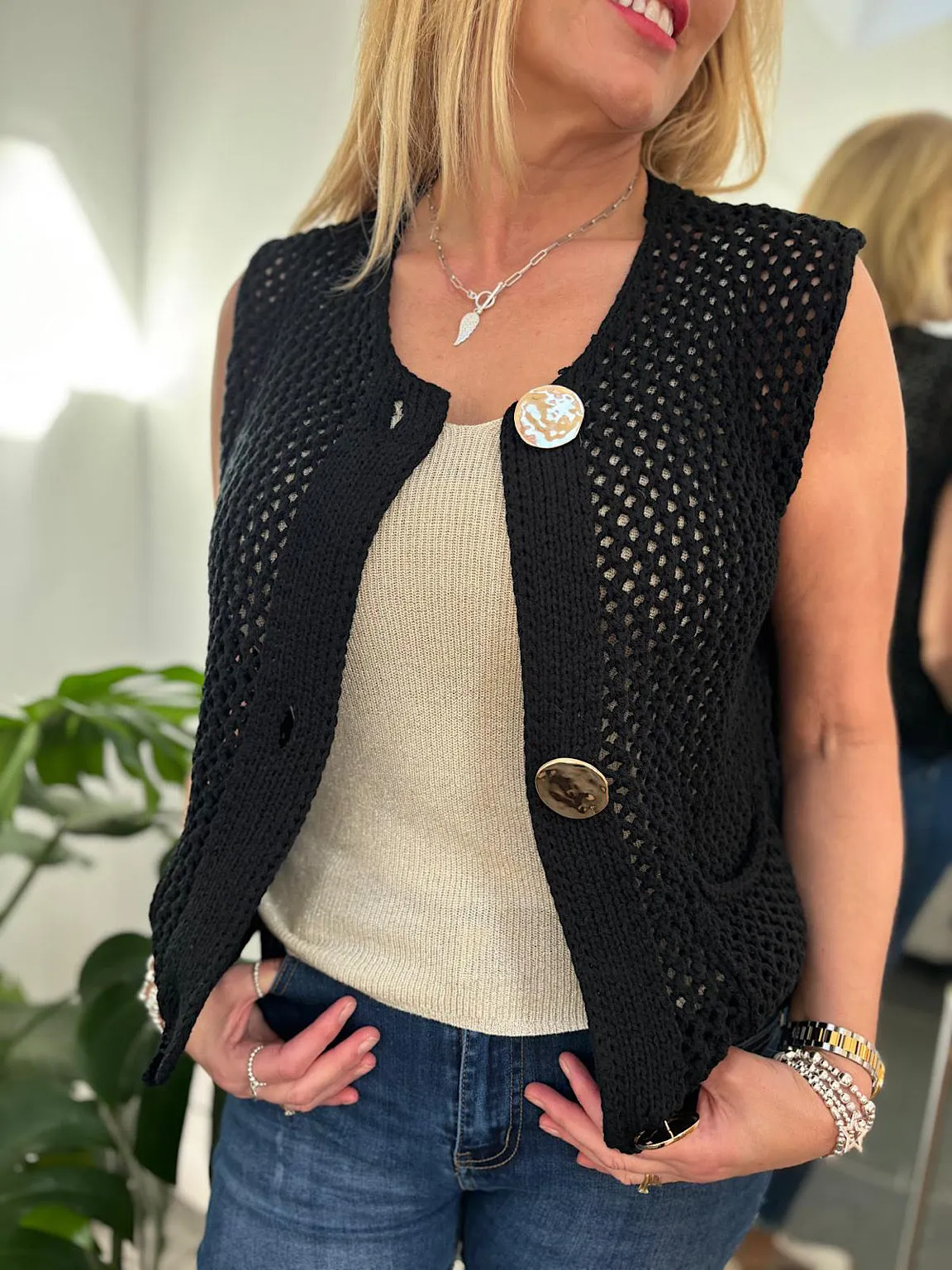 Black Luxury Loose Knit Button Waistcoat Linda