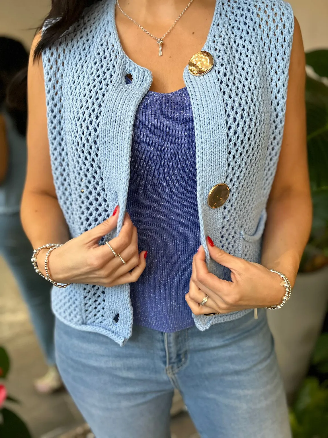 Blue Luxury Loose Knit Button Waistcoat Linda