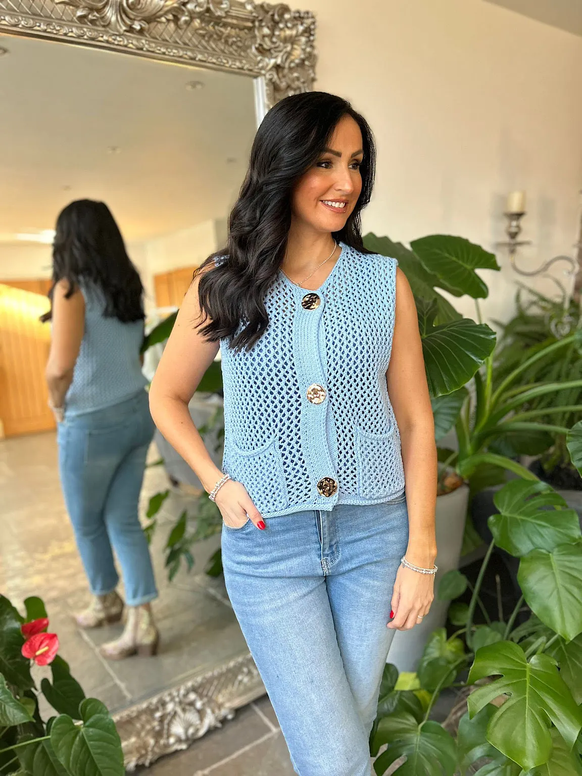 Blue Luxury Loose Knit Button Waistcoat Linda