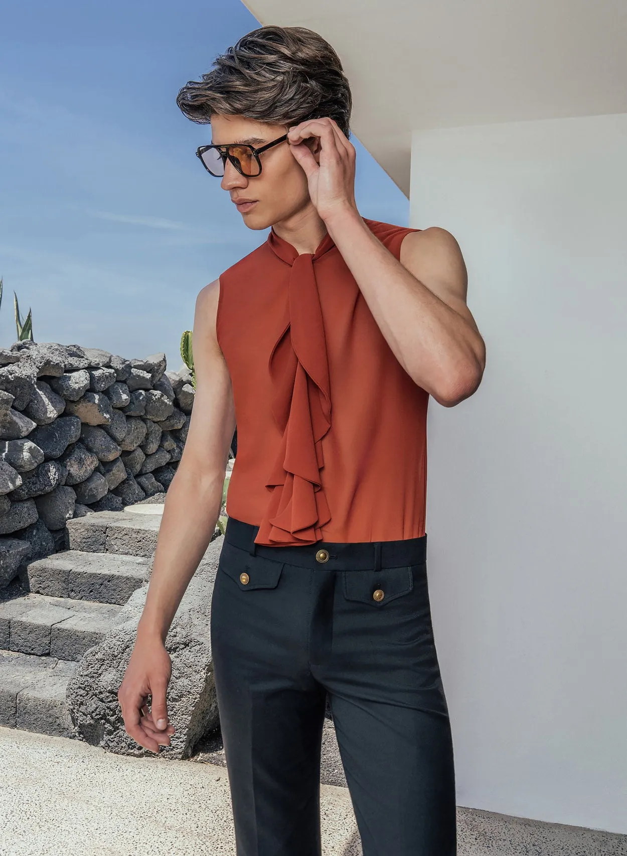 Bohemia Orange Rust Sleeveless Chiffon Ruffle Shirt
