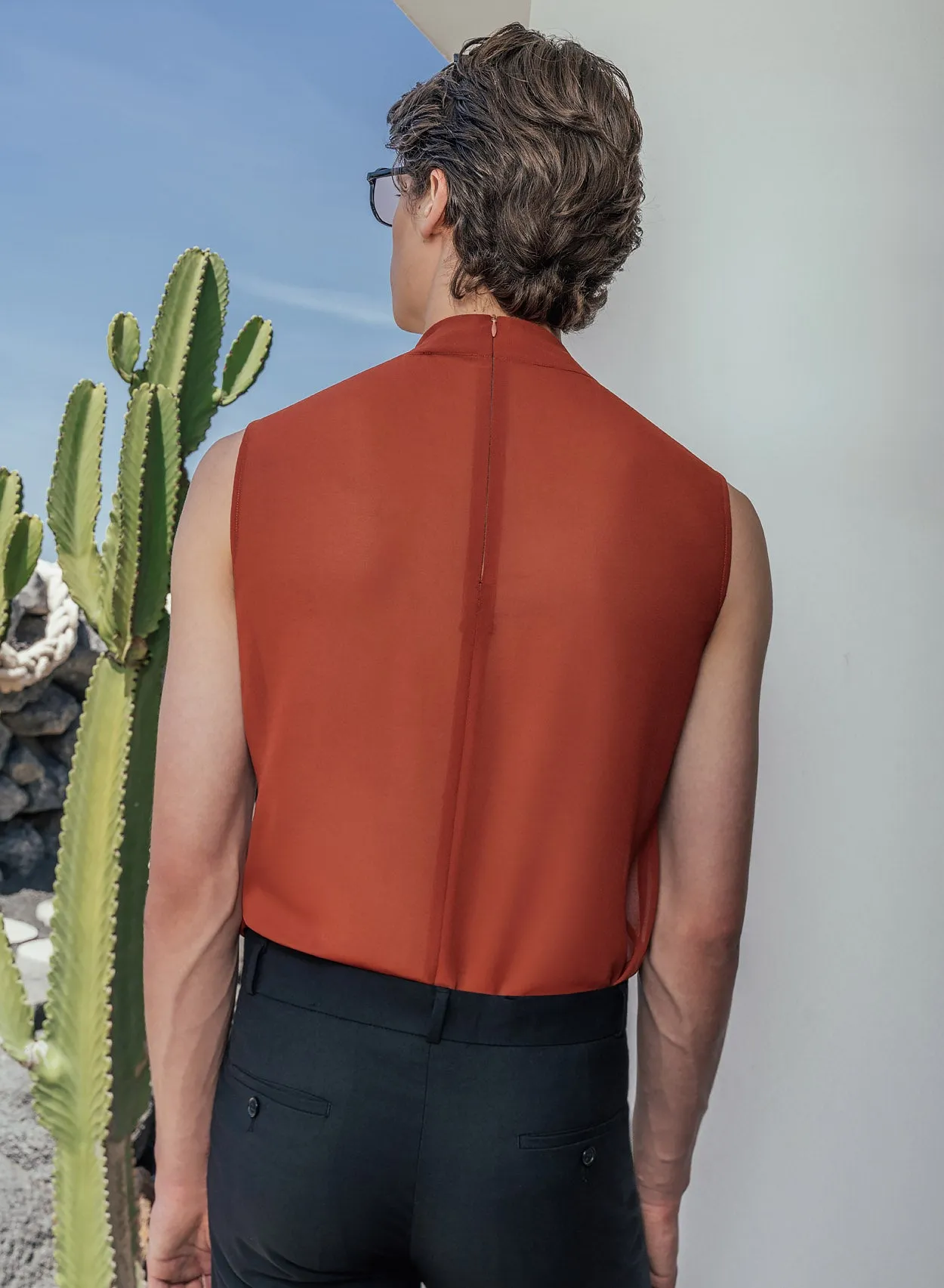 Bohemia Orange Rust Sleeveless Chiffon Ruffle Shirt