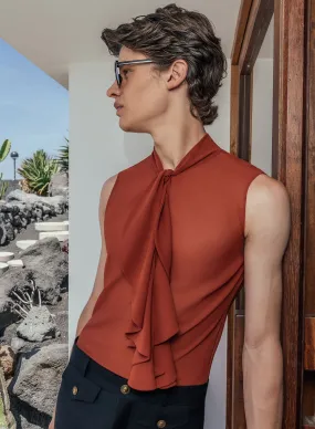 Bohemia Orange Rust Sleeveless Chiffon Ruffle Shirt