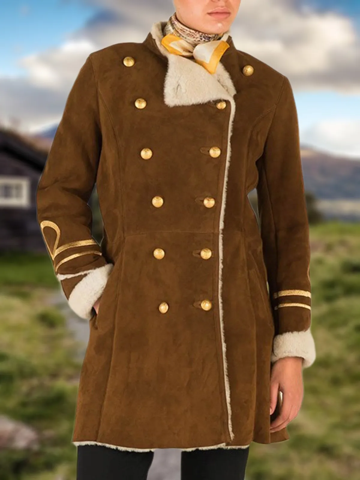 Brown Faux Suede Casual Stand Collar Paneled Outerwear