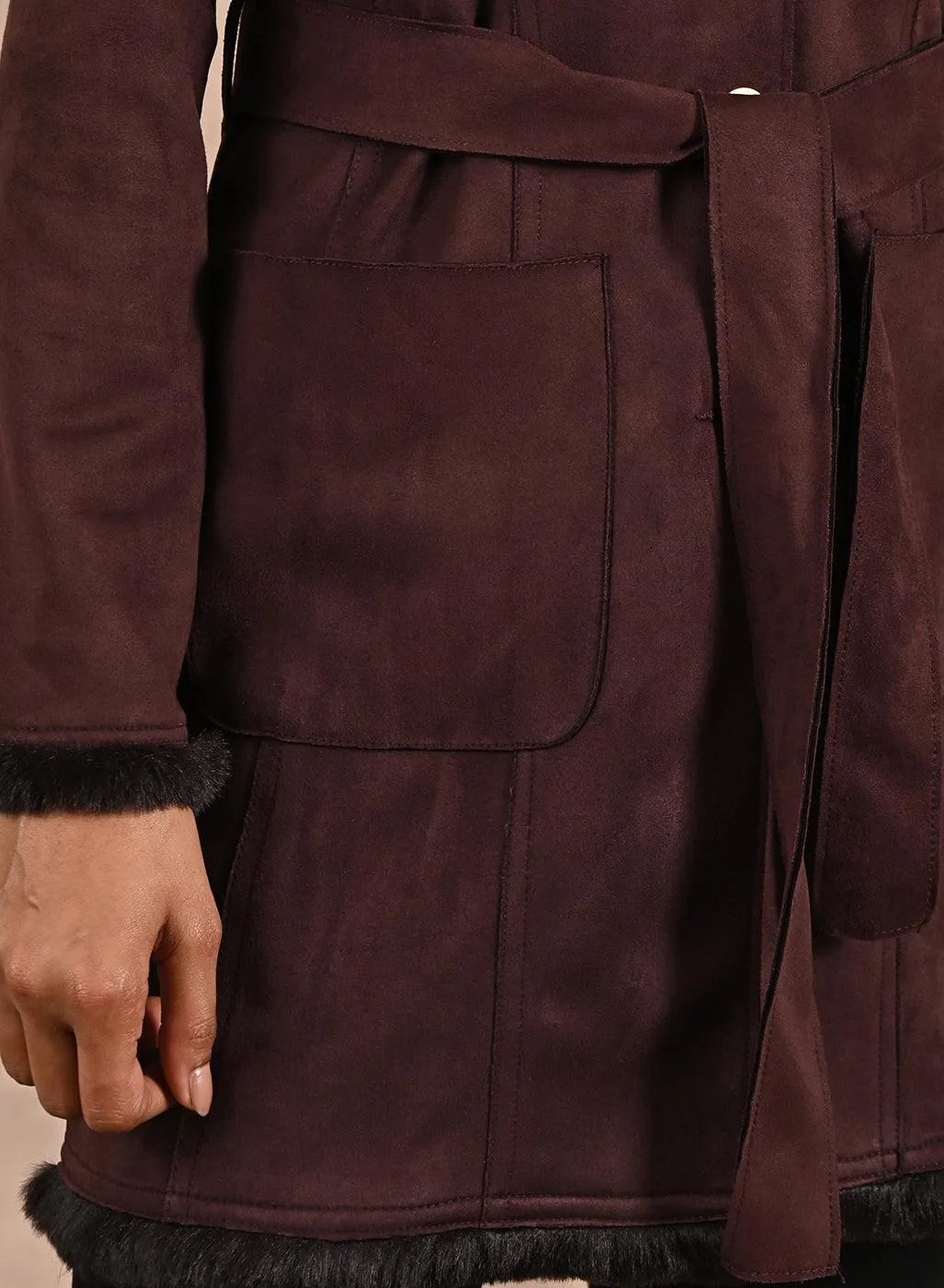 Brown Long Belted Trench Coat with Fur Detailing