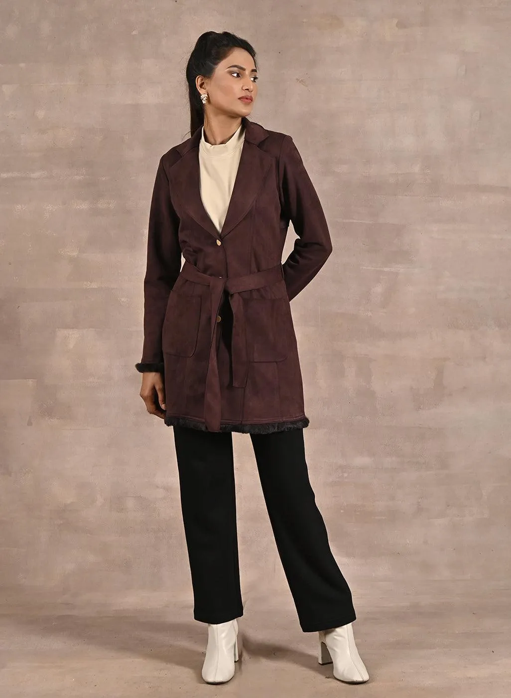 Brown Long Belted Trench Coat with Fur Detailing