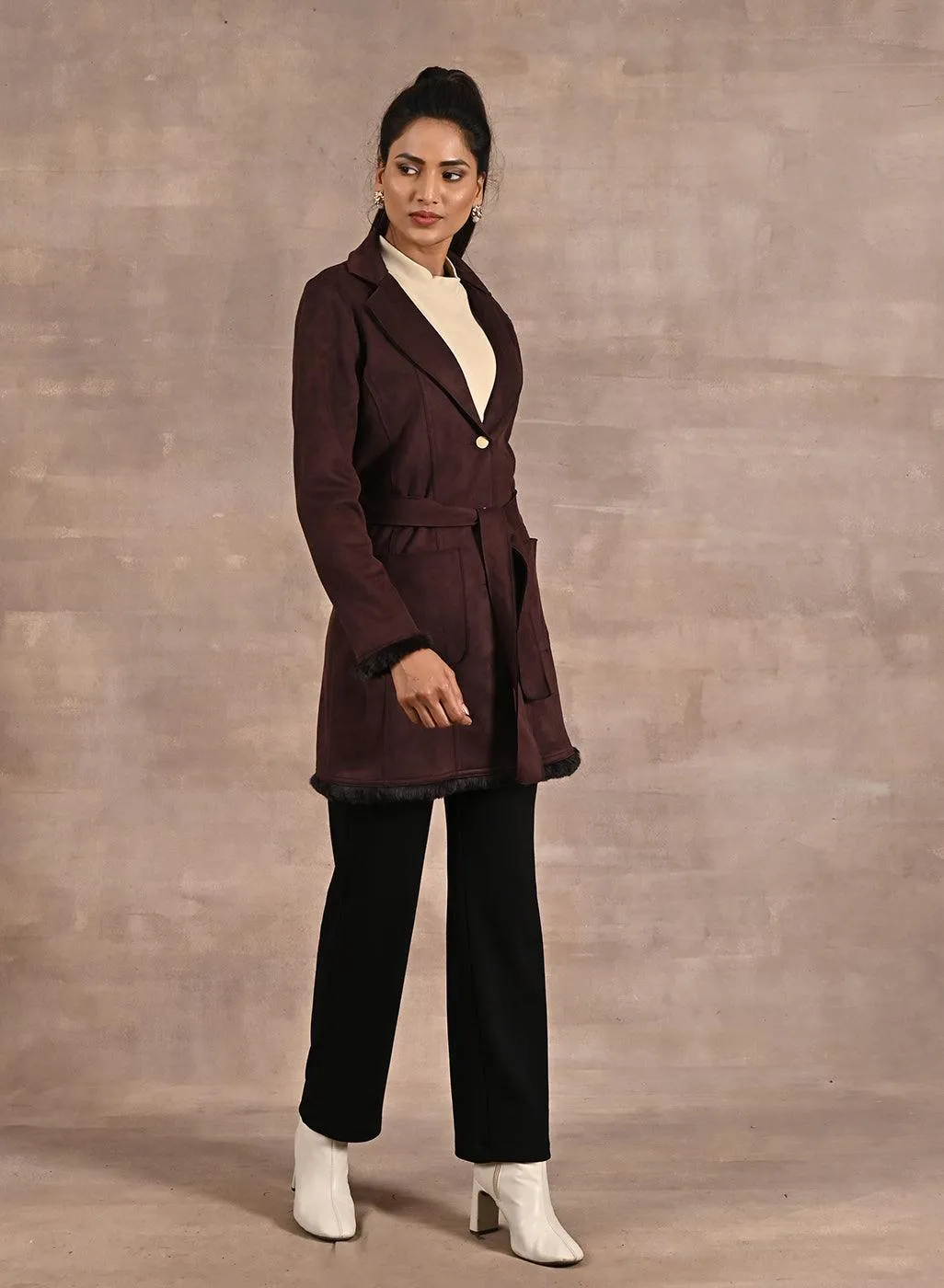 Brown Long Belted Trench Coat with Fur Detailing