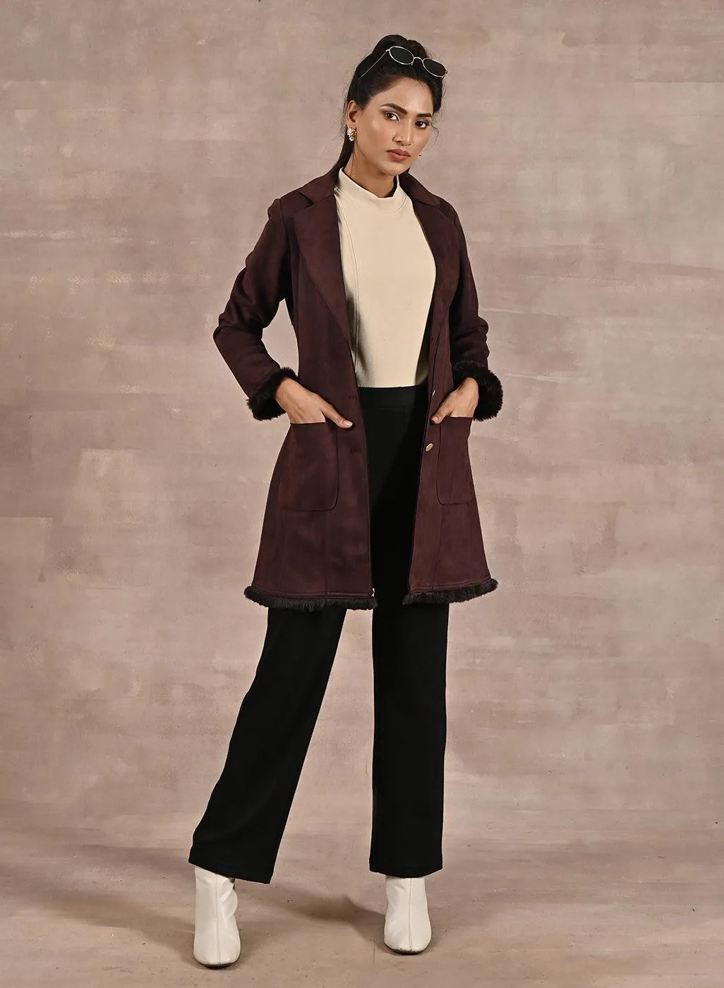 Brown Long Belted Trench Coat with Fur Detailing