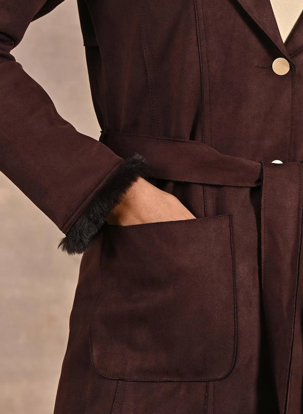 Brown Long Belted Trench Coat with Fur Detailing