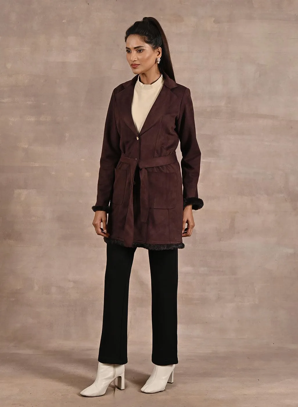 Brown Long Belted Trench Coat with Fur Detailing