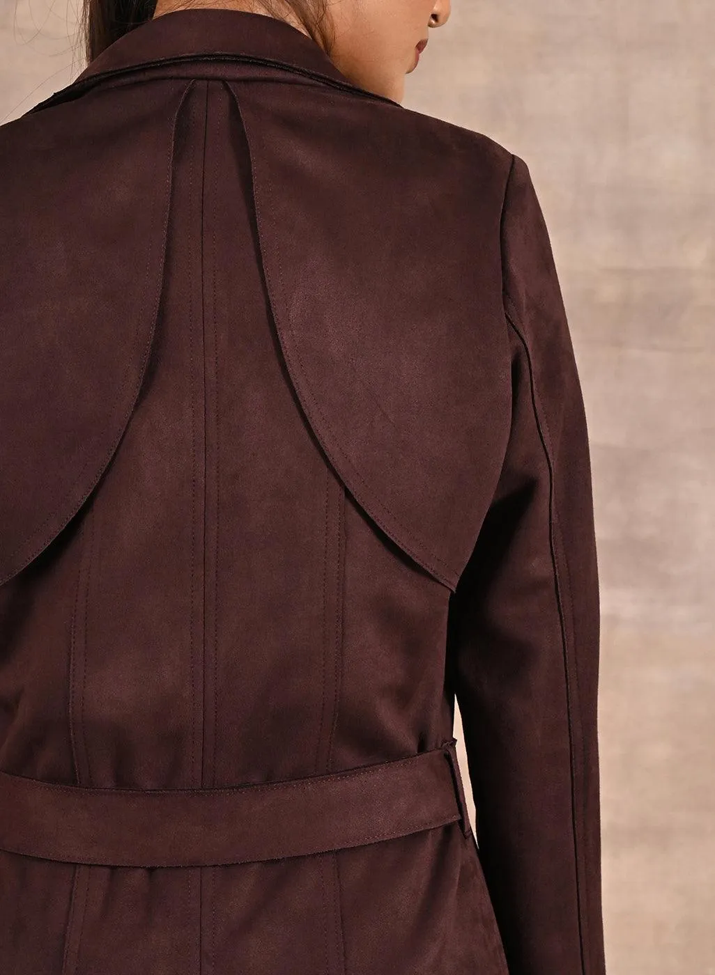 Brown Long Belted Trench Coat with Fur Detailing