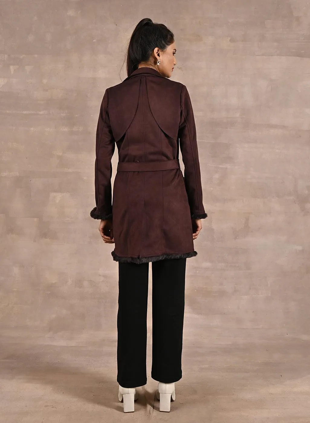 Brown Long Belted Trench Coat with Fur Detailing