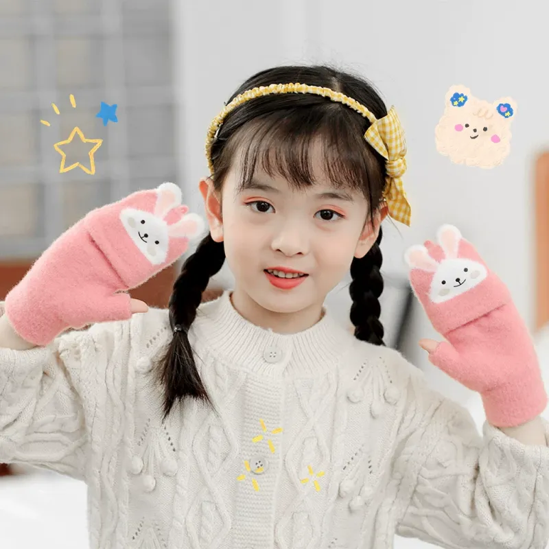Cartoon Kids Flip Top Fingerless Gloves Convertible Mittens Winter Warm