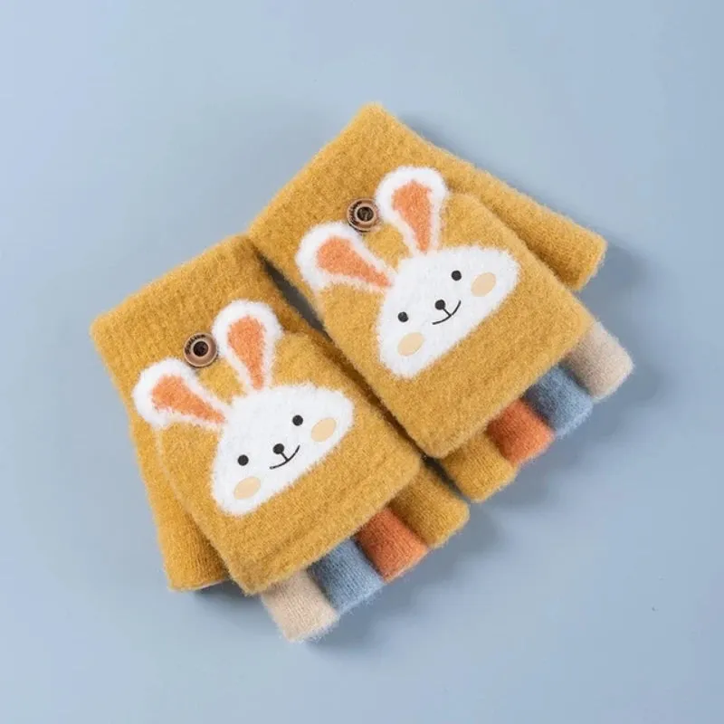 Cartoon Kids Flip Top Fingerless Gloves Convertible Mittens Winter Warm