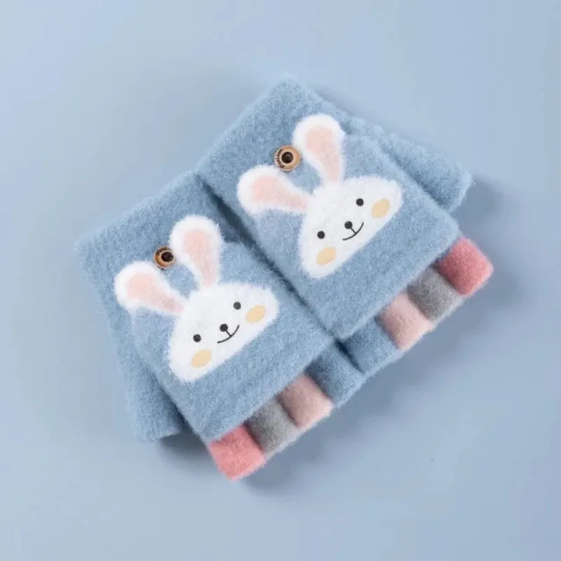 Cartoon Kids Flip Top Fingerless Gloves Convertible Mittens Winter Warm