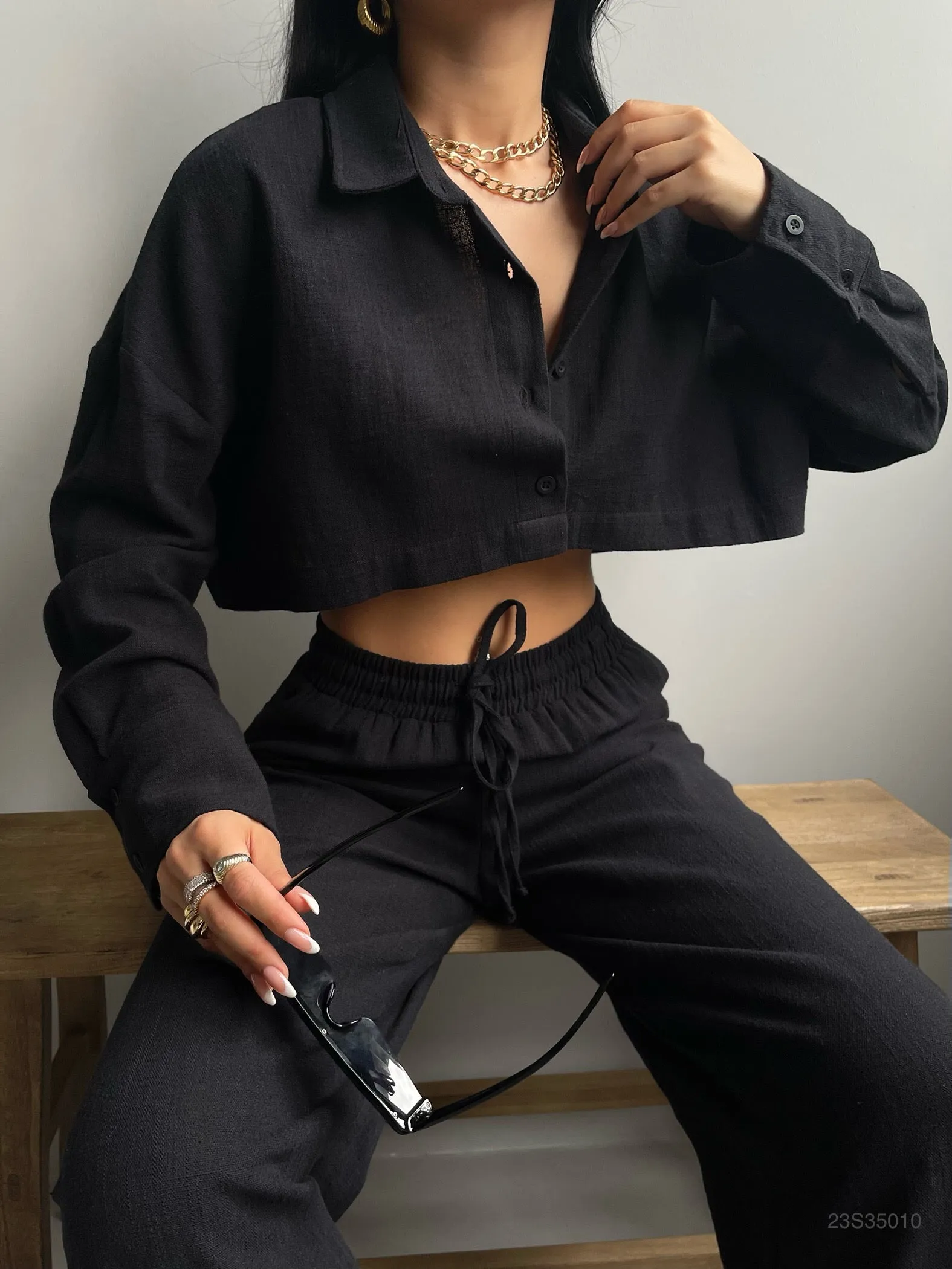 Crop Hemd And Wide Leg Trouser Set