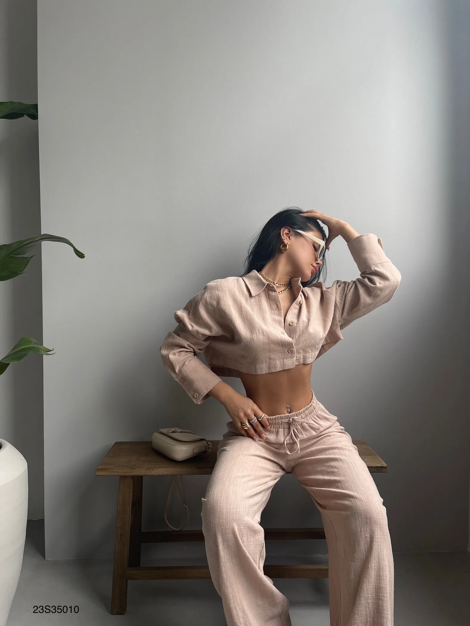 Crop Hemd And Wide Leg Trouser Set
