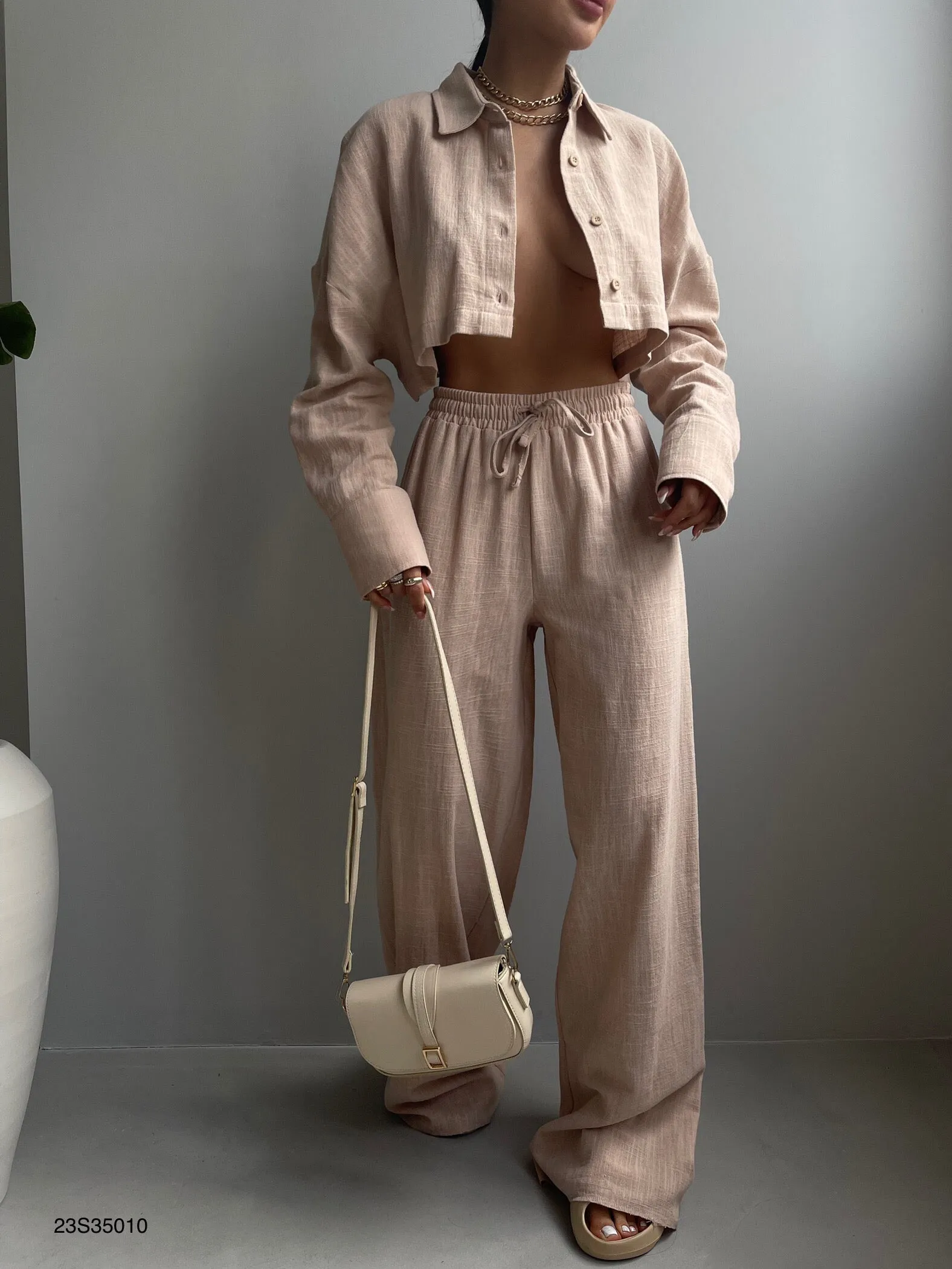 Crop Hemd And Wide Leg Trouser Set