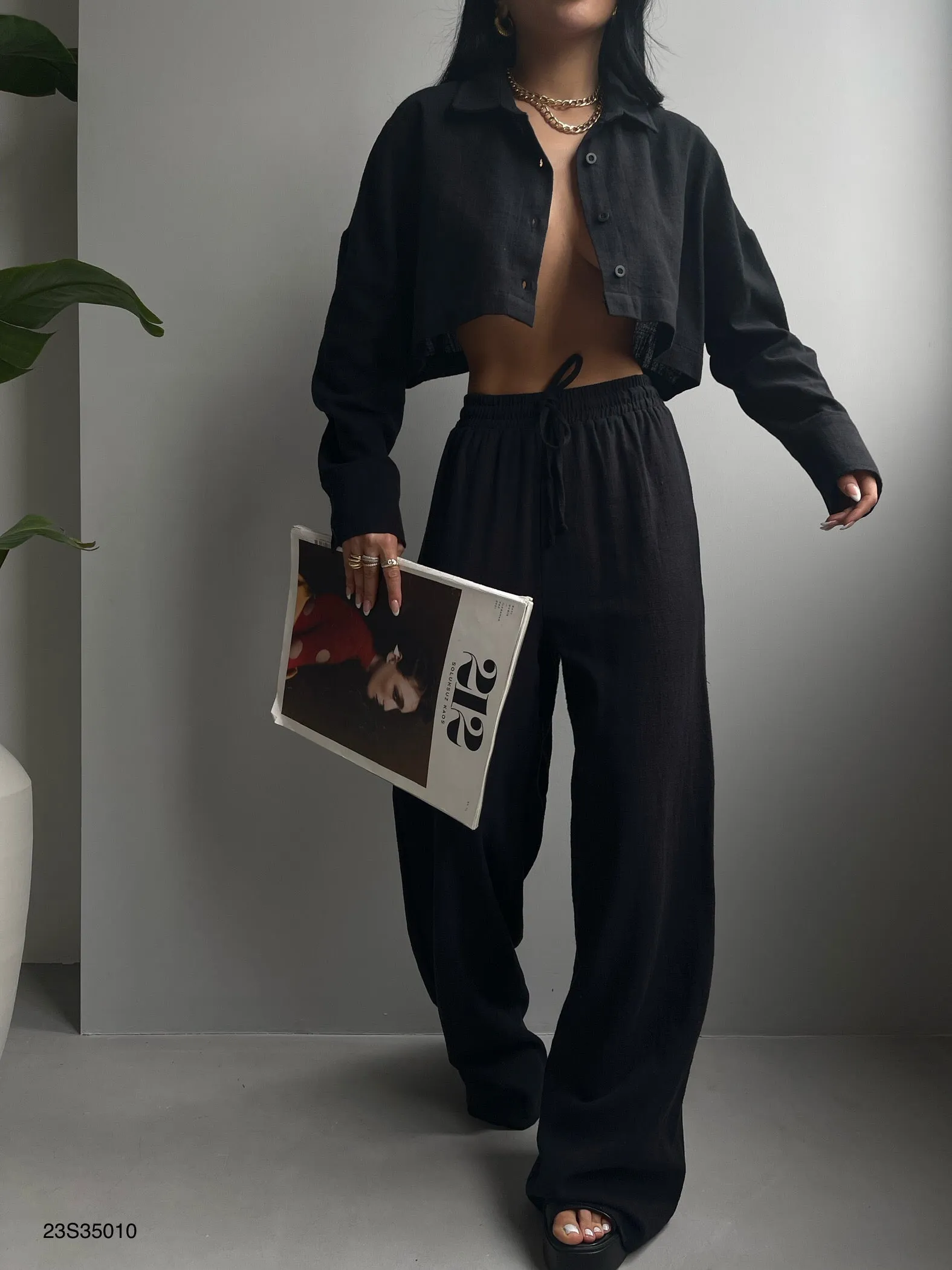 Crop Hemd And Wide Leg Trouser Set