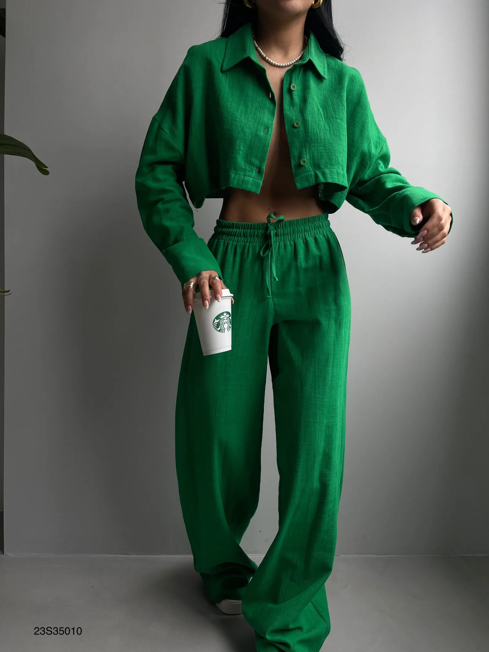 Crop Hemd And Wide Leg Trouser Set