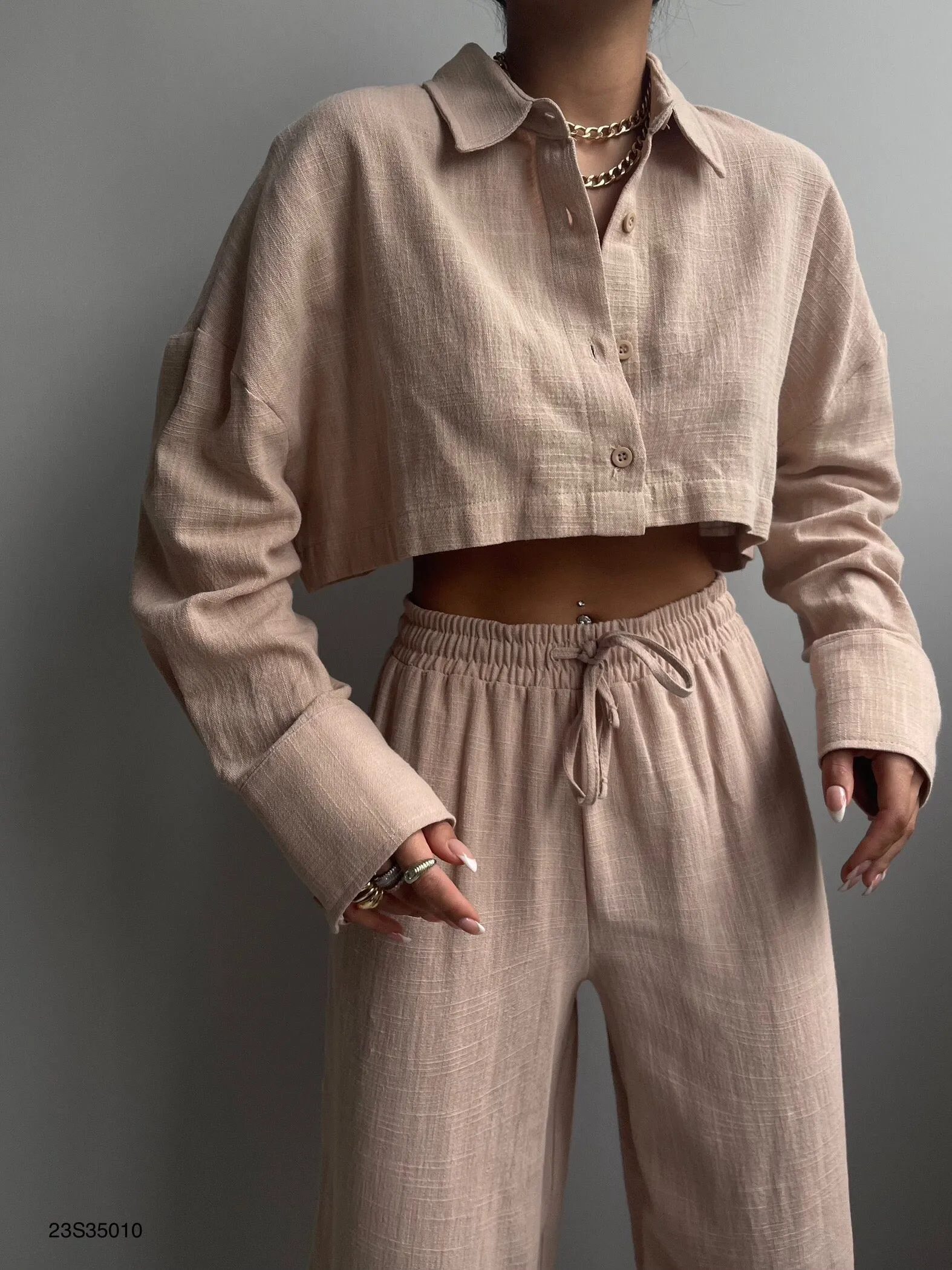 Crop Hemd And Wide Leg Trouser Set