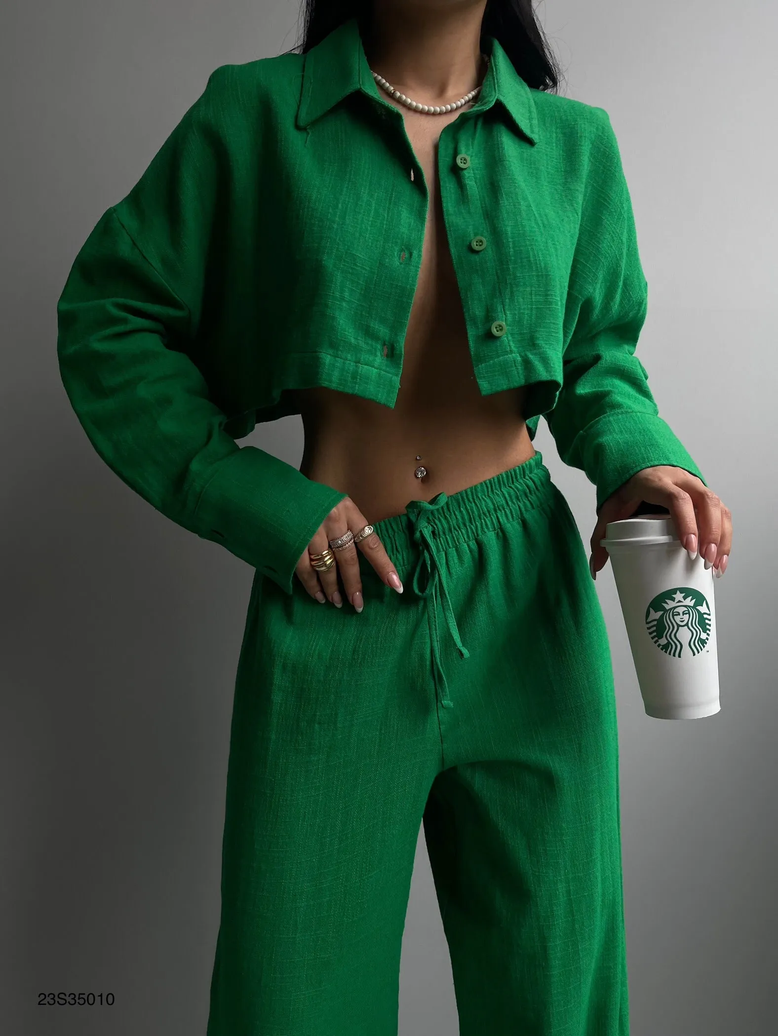 Crop Hemd And Wide Leg Trouser Set
