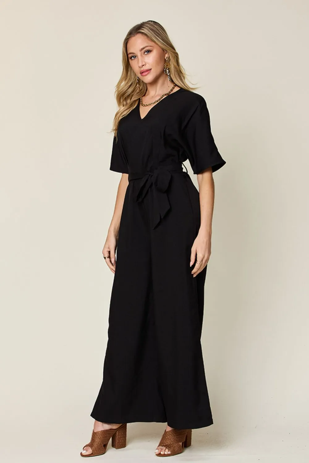 Double Take Full Size V-Neck Tie Front Short Sleeve Slit Jumpsuit