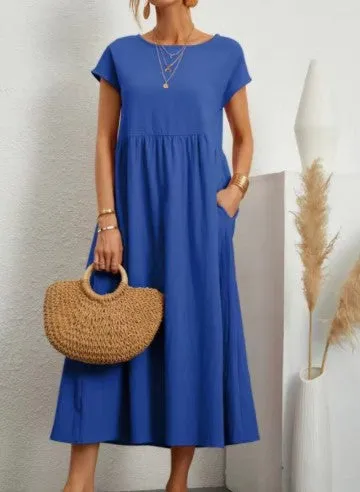 DUNNMALL  New European and American  Solid Color Sleeveless Loose Cotton Linen Pocket Women's Clothing Dress Cross-Border in Stock