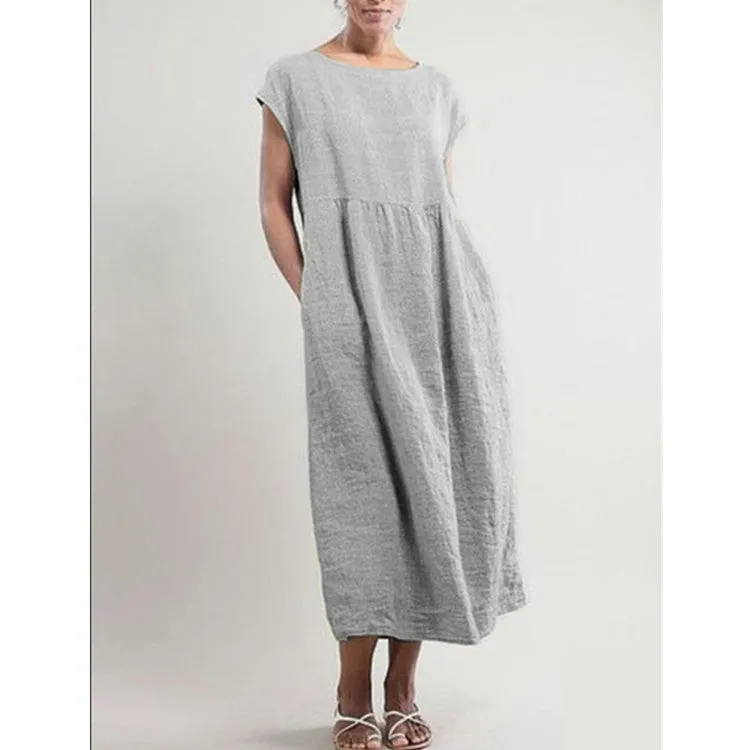 DUNNMALL  New European and American  Solid Color Sleeveless Loose Cotton Linen Pocket Women's Clothing Dress Cross-Border in Stock