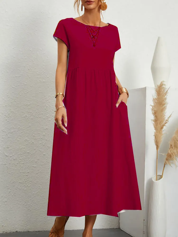 DUNNMALL  New European and American  Solid Color Sleeveless Loose Cotton Linen Pocket Women's Clothing Dress Cross-Border in Stock