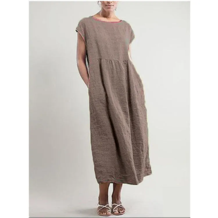 DUNNMALL  New European and American  Solid Color Sleeveless Loose Cotton Linen Pocket Women's Clothing Dress Cross-Border in Stock